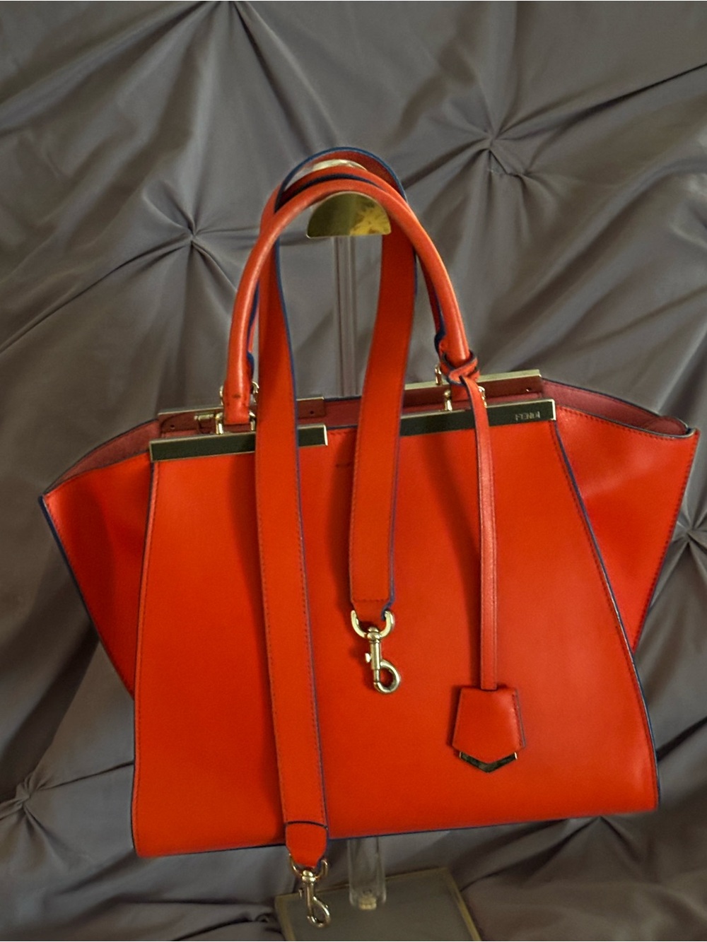 RARE Fendi structured 3-way 2-jours Red-Orange Leather Tote with Gold Hardware
